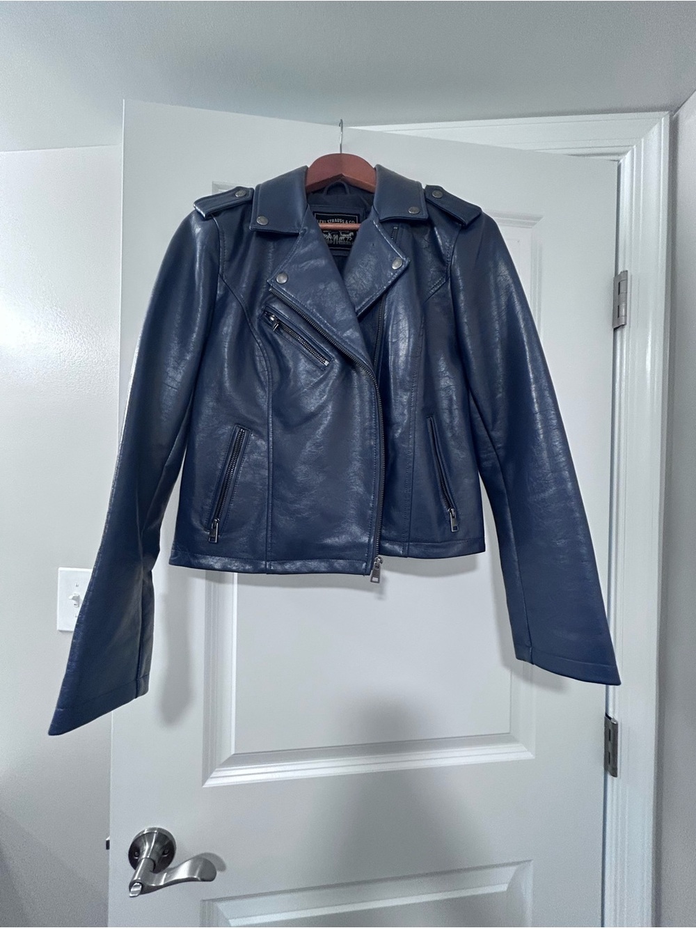 Womens Navy Faux Leather Moto Jacket with Zip Details